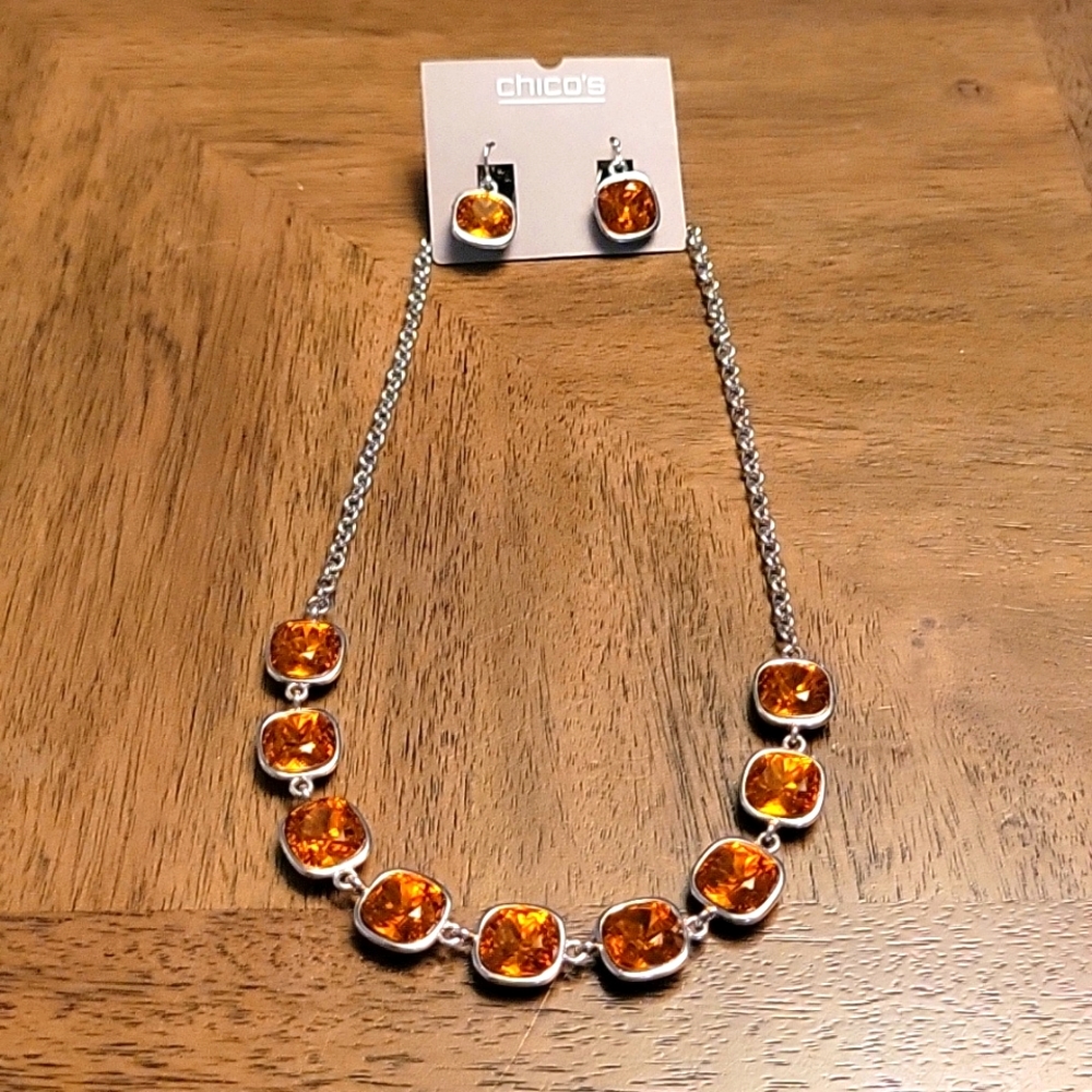 Chico's Earrings & Necklace Setin GoldenColored Faceted Crystals